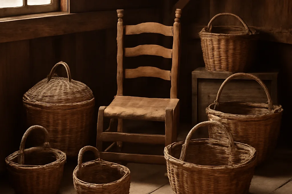 Collection de paniers en osier anciens et chaise paillée dans une grange