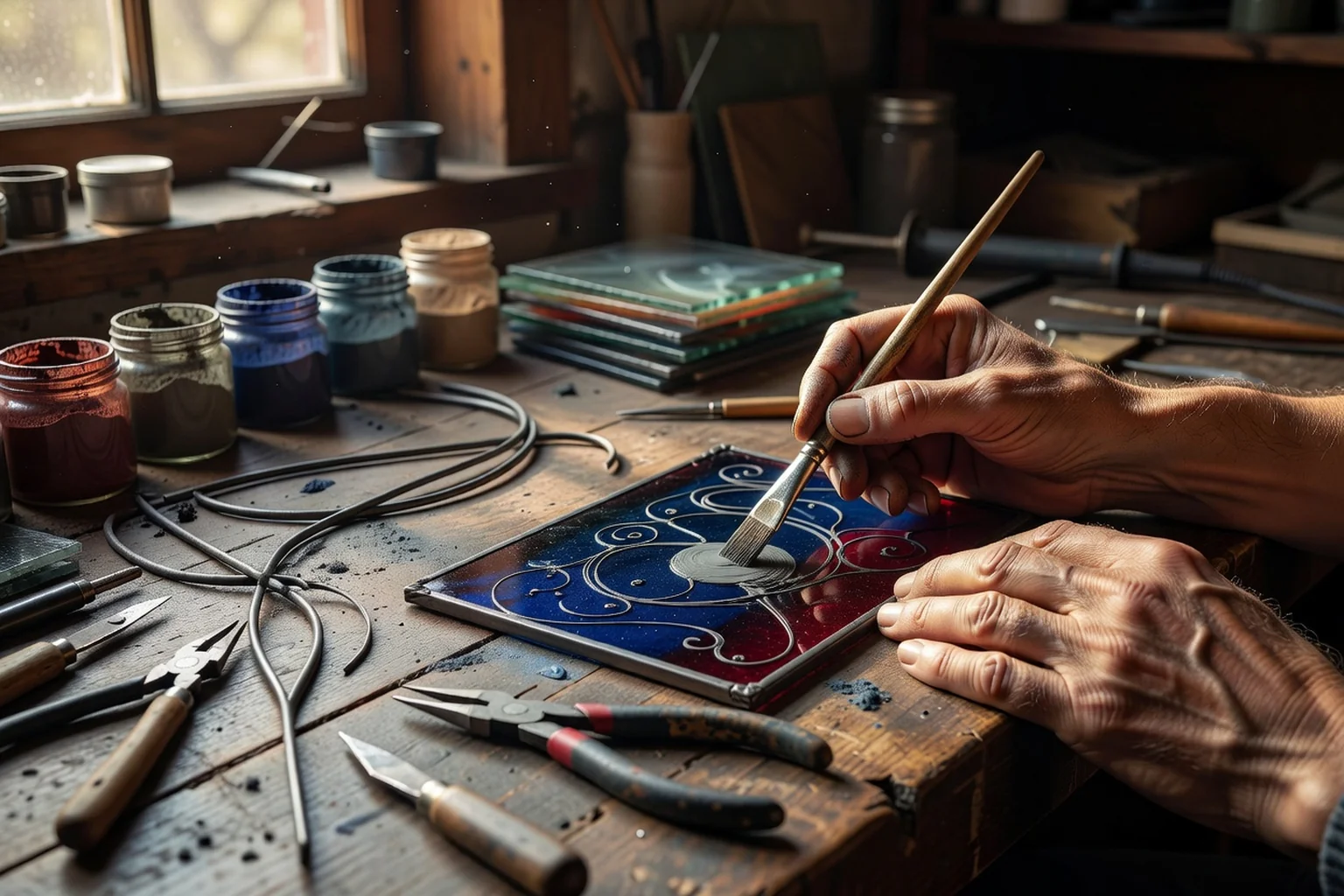 Mains d'un peintre-verrier appliquant la grisaille sur un verre coloré dans un atelier, pinceau fin, baguettes de plomb et pigments sur l'établi