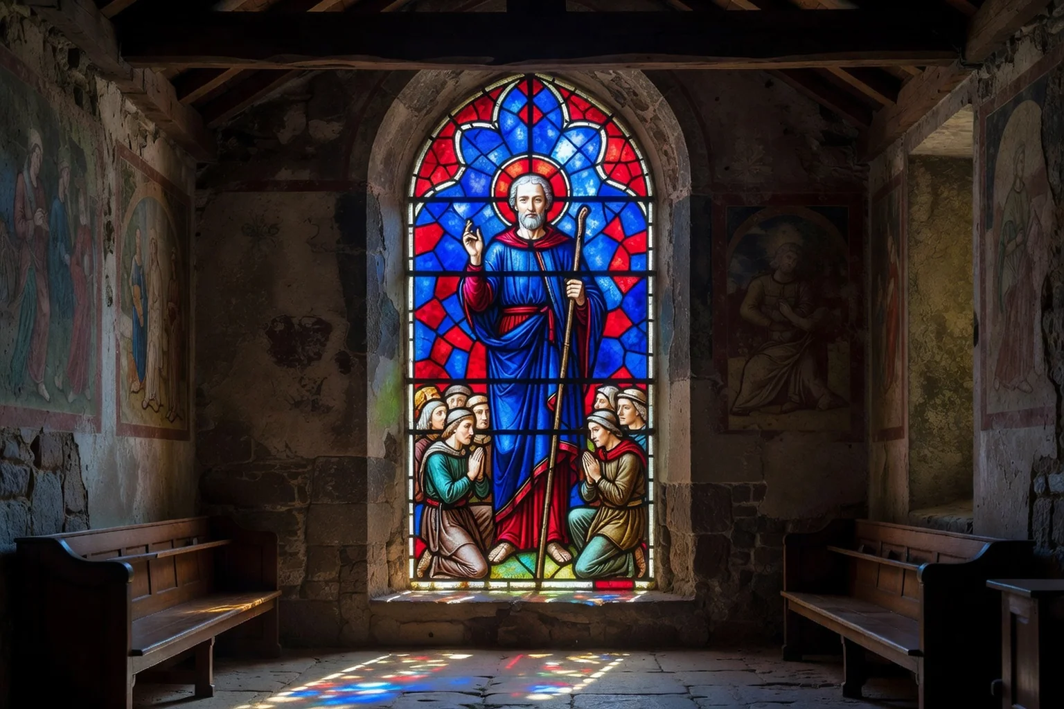 Vitrail figuratif ancien dans une petite église de pierre représentant un saint rural avec donateurs au registre inférieur, verres bleu profond et rouge