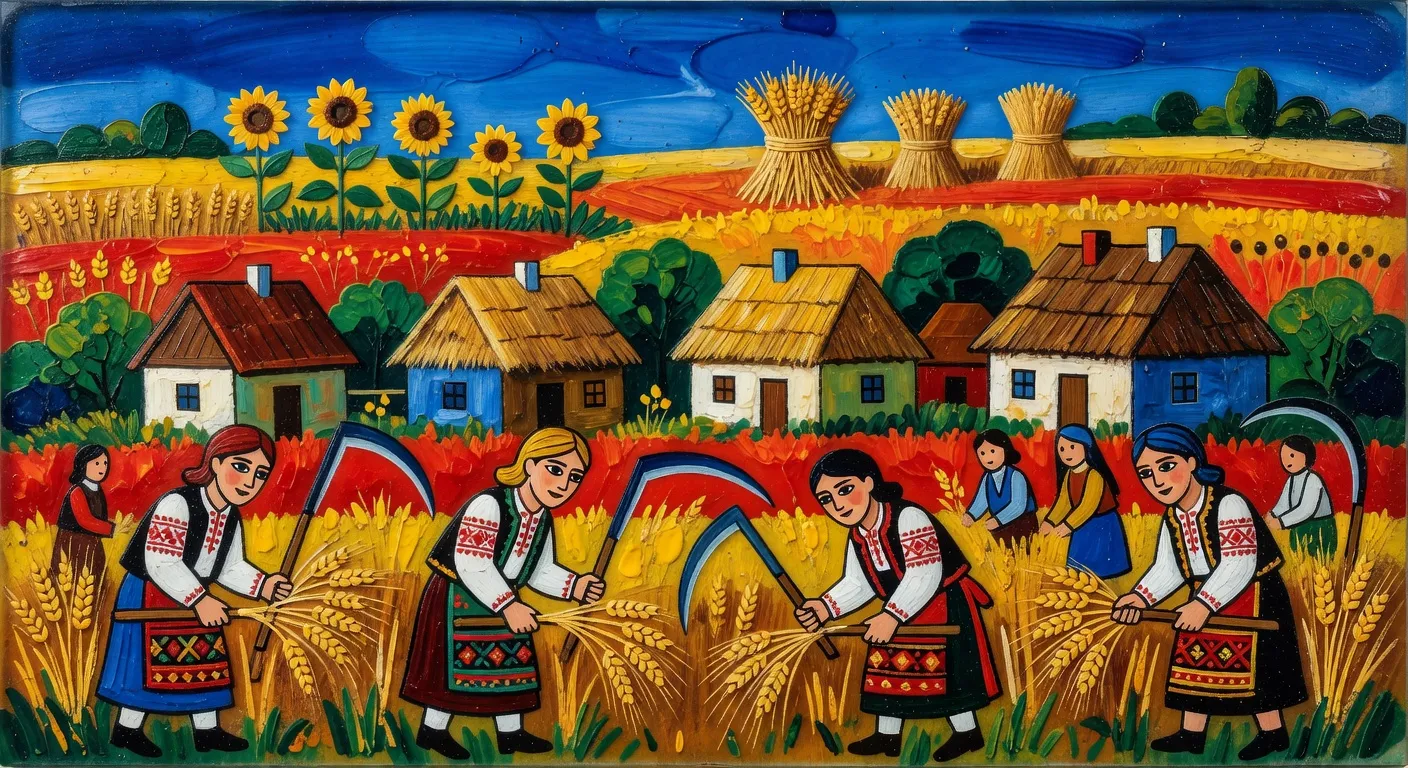 Paysage naïf champêtre avec maisons colorées et personnages stylisés