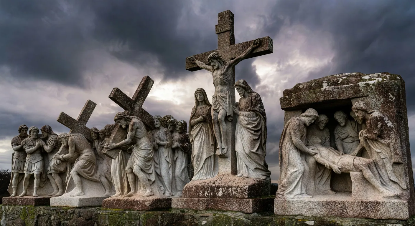 Calvaire breton en granit sculpté dans un enclos paroissial