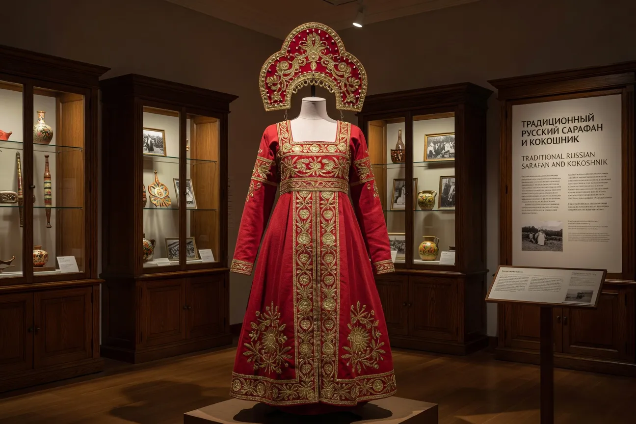 Costume traditionnel slave orne de broderies rouges sur lin blanc