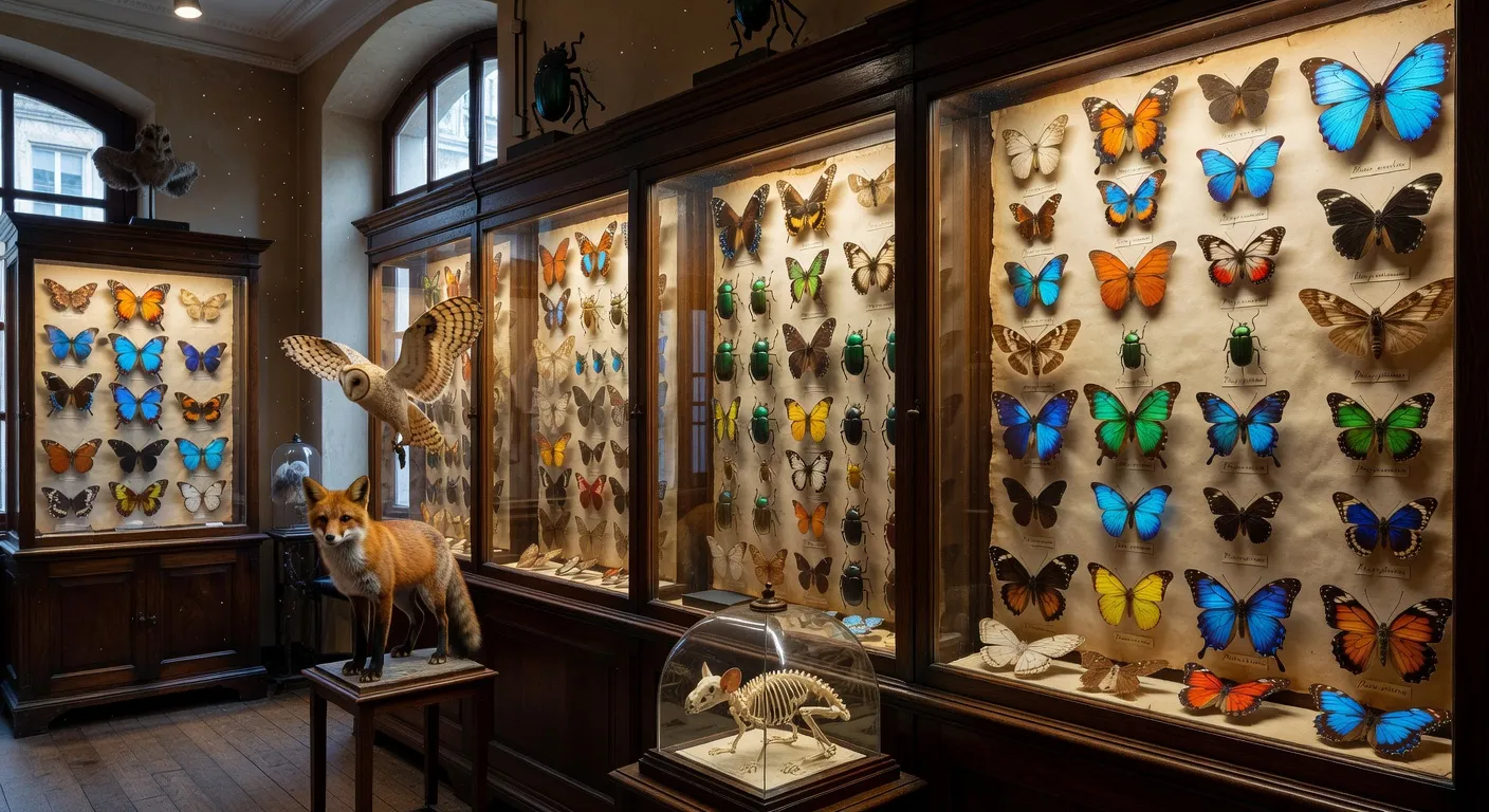 Reconstitution d'un cabinet de curiosités avec globes, instruments scientifiques et animaux naturalisés
