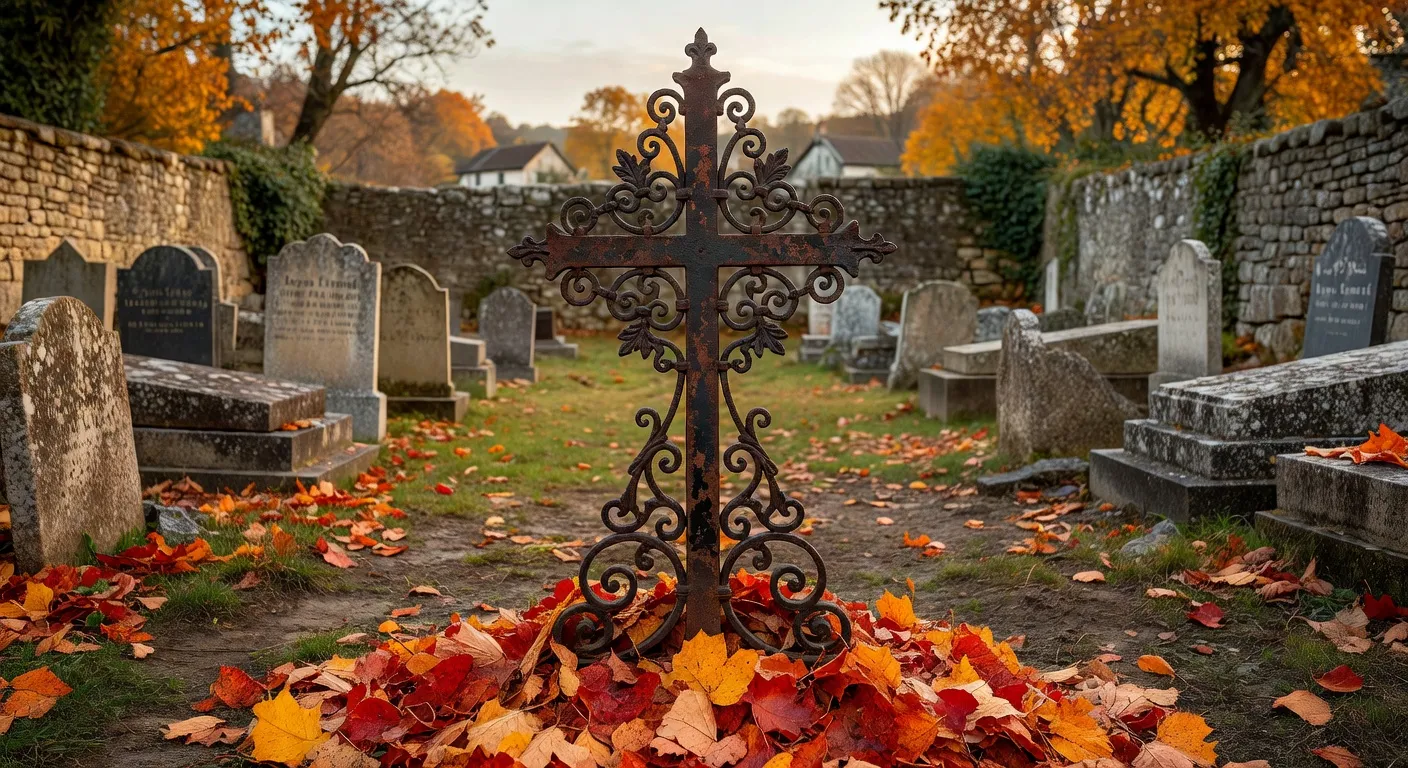 Détail d'une croix de chemin en fer forgé ornée de volutes et de motifs de la Passion