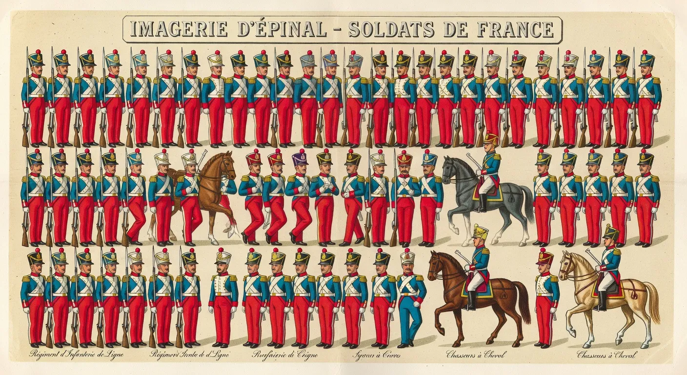 Planche d'images d'Épinal représentant des scènes de contes populaires avec couleurs au pochoir