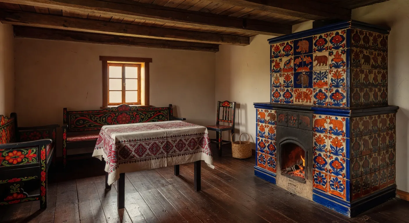 Intérieur reconstitué d'une izba russe avec poêle en briques et coin aux icônes
