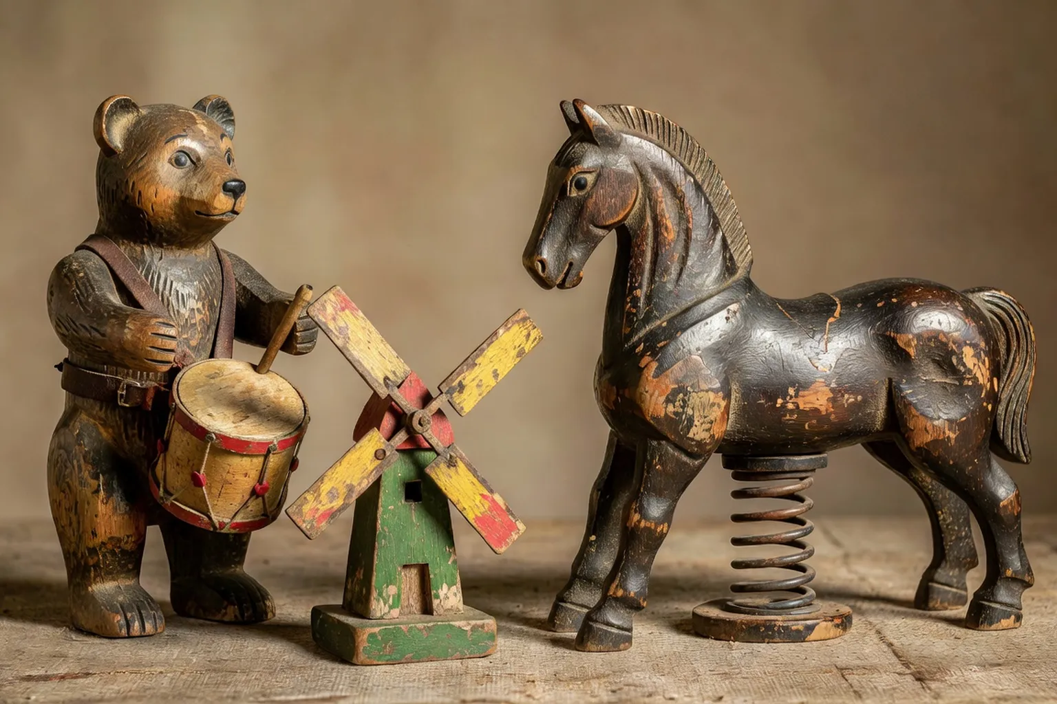 Jouets mécaniques en bois peint et toupies artisanales d'une collection de jeux populaires