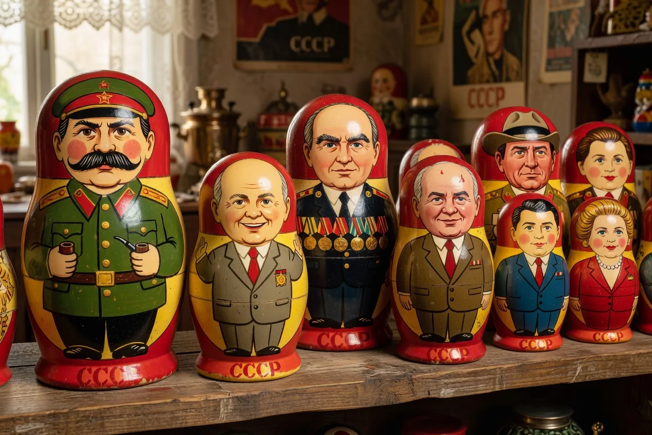 Matriochkas sovietiques d'epoque avec motifs floraux et costumes regionaux russes