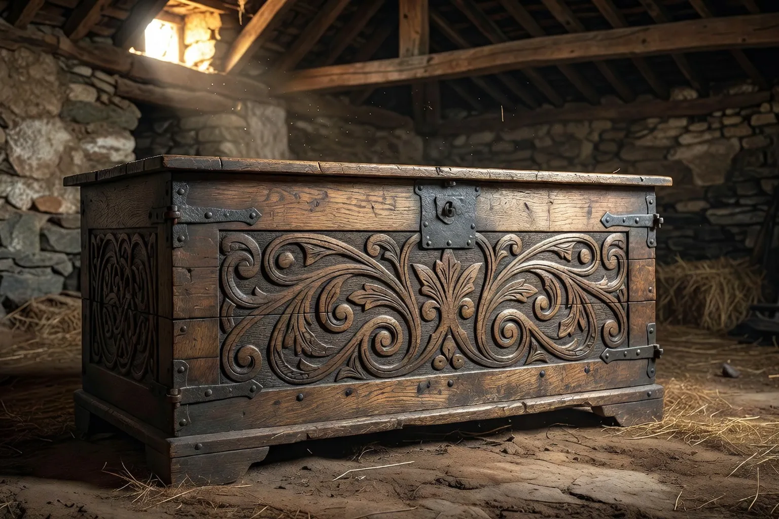 Coffre breton du XIXe siècle avec sculpture en bas-relief et ferrures en fer forgé