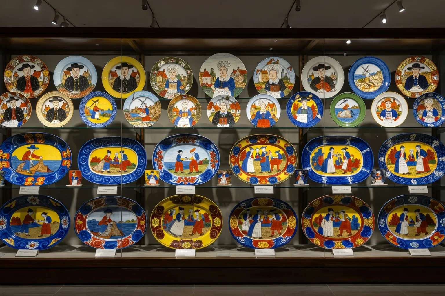 Vitrine de faïences populaires françaises dans un musée régional