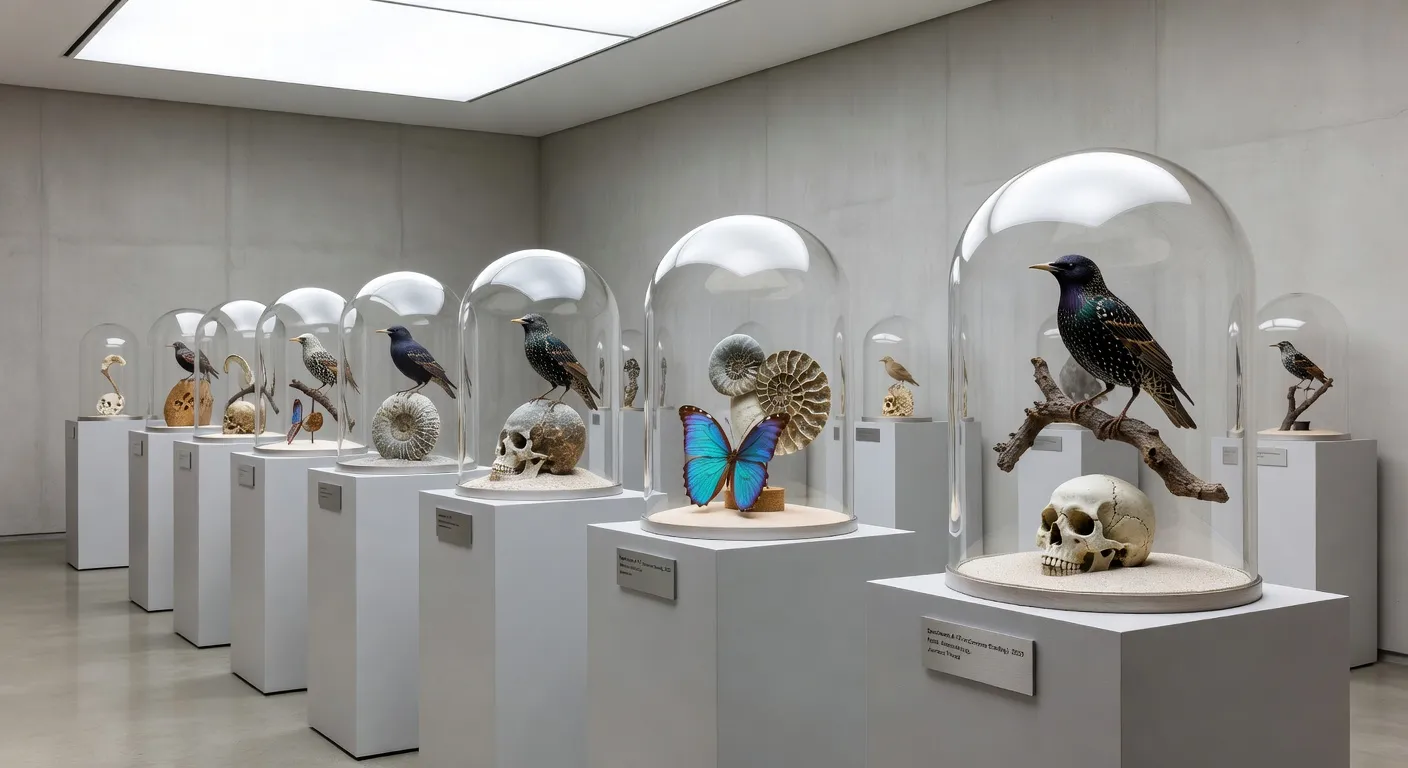 Meuble cabinet de curiosités du XVIIe siècle avec tiroirs ouverts révélant des coquillages et des minéraux