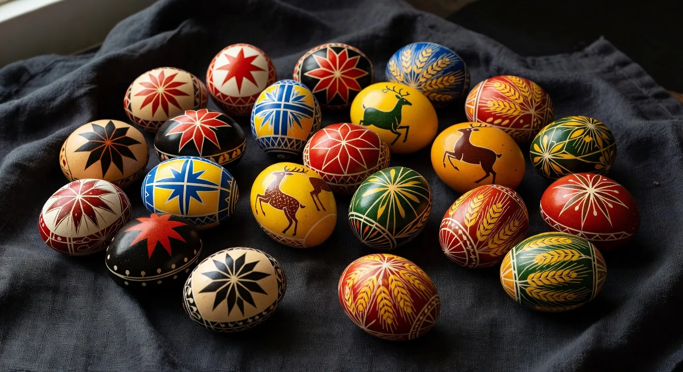 Collection de pysanky ukrainiens montrant la diversité des motifs et couleurs régionaux