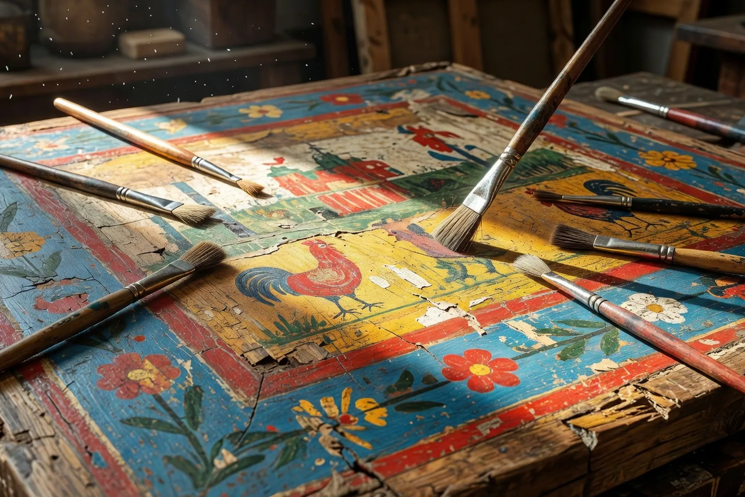 Détail d'une restauration en cours sur un panneau de bois peint populaire ancien
