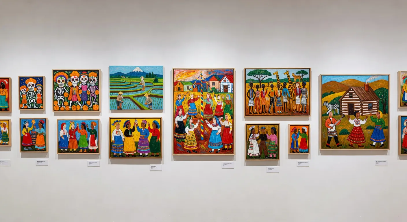 Galerie d'art naïf avec toiles colorées représentant des scènes de village