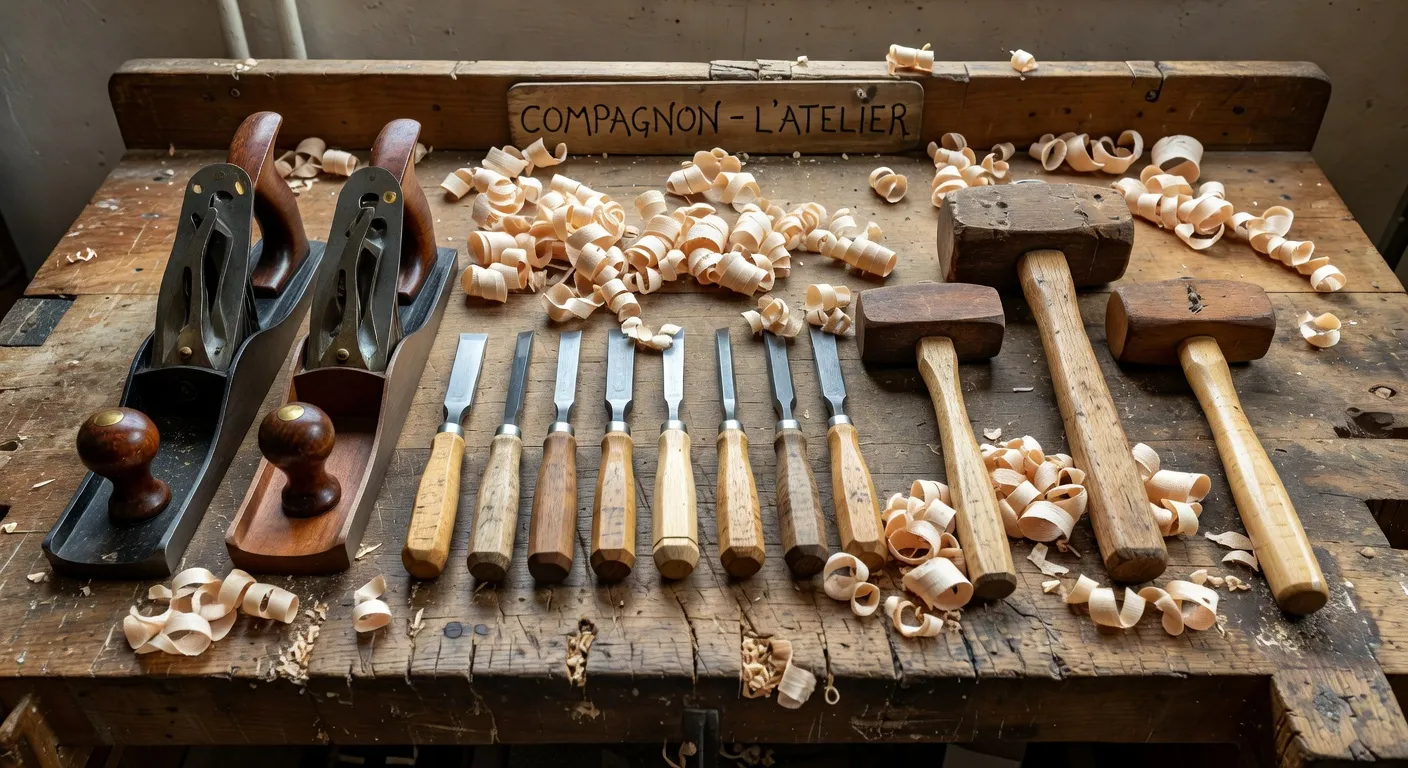 Outils traditionnels de compagnon menuisier disposés sur un établi en bois