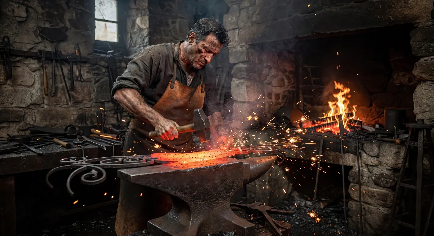 Enseigne en fer forgé d'artisan dans une rue médiévale alsacienne