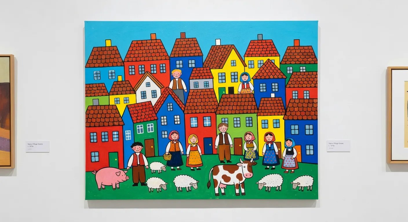 Peinture naïve de village avec couleurs vives et perspective aplatie