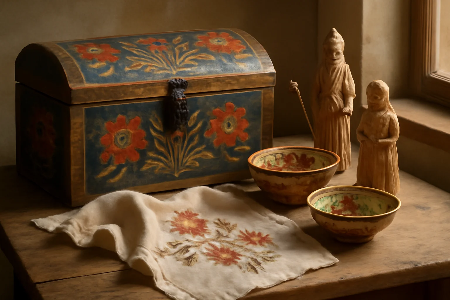 Nature morte d'objets d'art populaire européen : coffre peint, céramiques, broderies et figurines sur une table en chêne