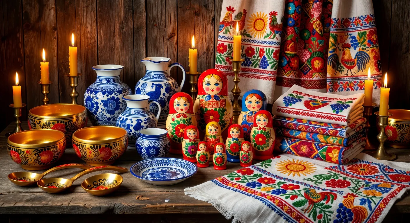 Artisanat russe traditionnel khokhloma et objets en bois peint