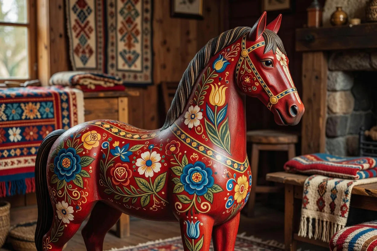 Cheval de Dalécarlie peint aux motifs floraux suédois