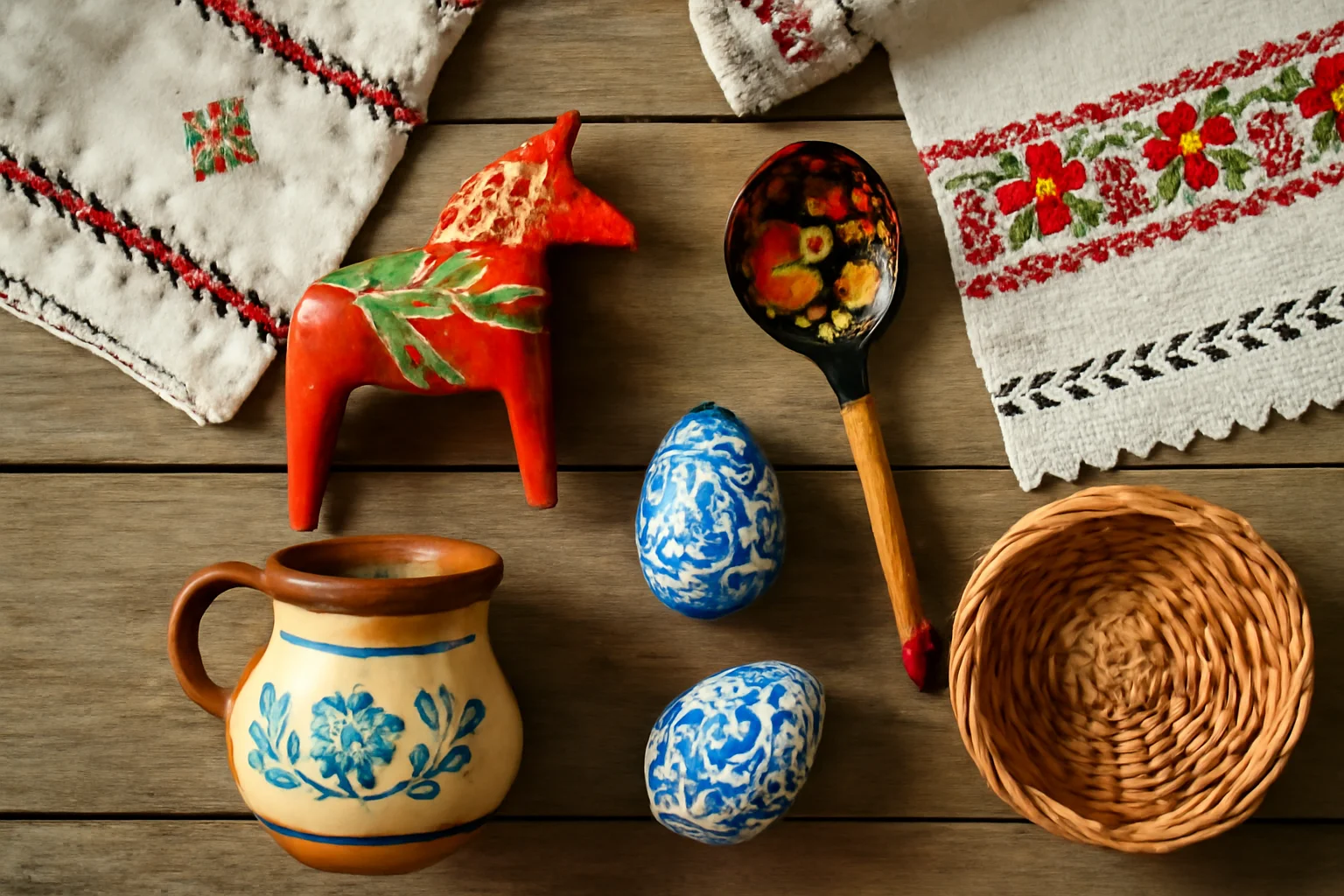 Composition d'objets d'arts populaires européens : cheval de Dalécarlie, cuillère khokhloma, œuf pysanky, poterie alsacienne et textile brodé
