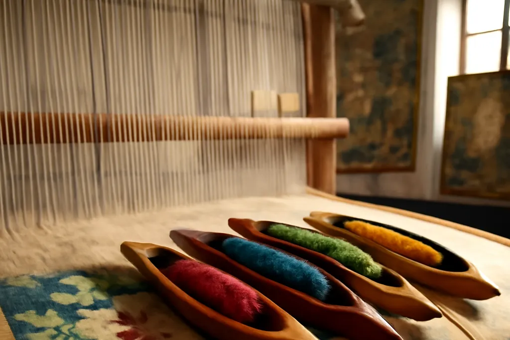 Métier à tisser traditionnel d'Aubusson avec navettes de laine colorée