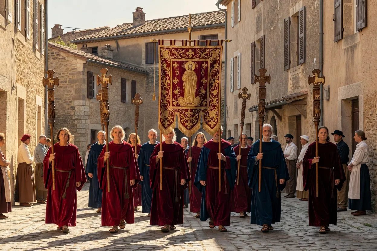 Bannière processionnelle et bâtons de confrérie dans un cortège religieux traditionnel français, ciel d'été