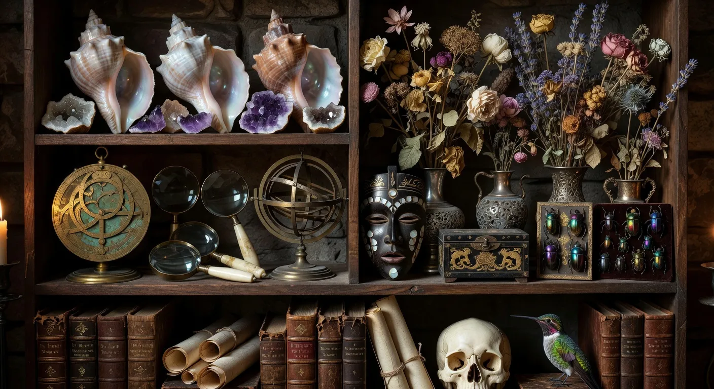 Cabinet de curiosités avec coquillages, minéraux et objets d'art