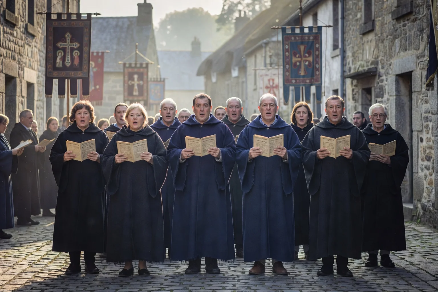 Chanteurs d'une procession religieuse villageoise en Bretagne tenant d'anciens livrets de cantiques, bannières en arrière-plan