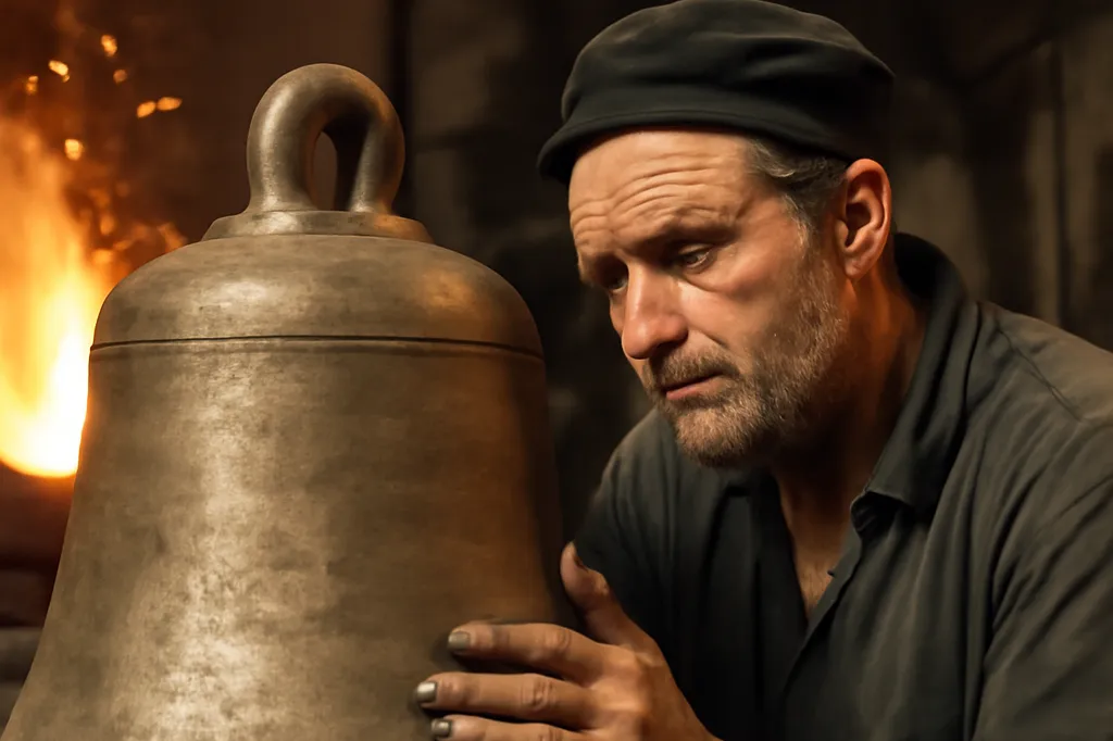 Fondeur de cloches examinant une cloche en bronze fraîchement coulée dans un atelier de fonderie