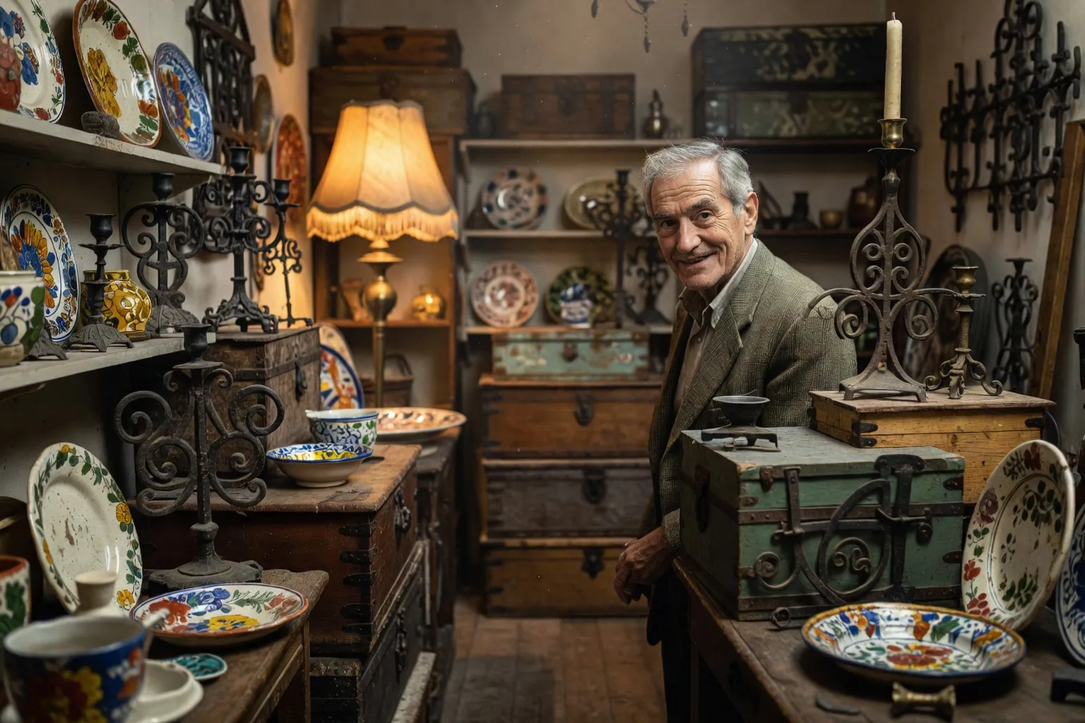 Antiquaire dans sa galerie d'objets populaires anciens