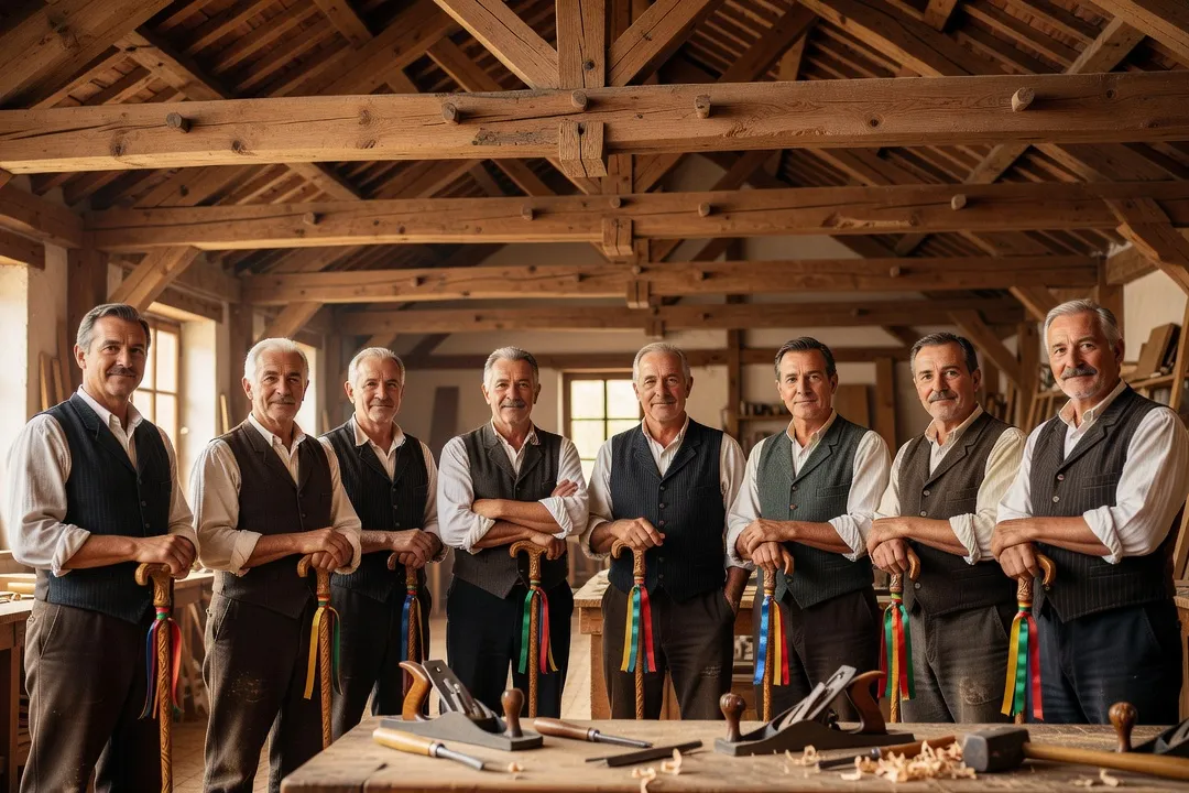 Compagnons du Tour de France en tenue traditionnelle avec cannes et rubans devant un chef-d'œuvre de charpente