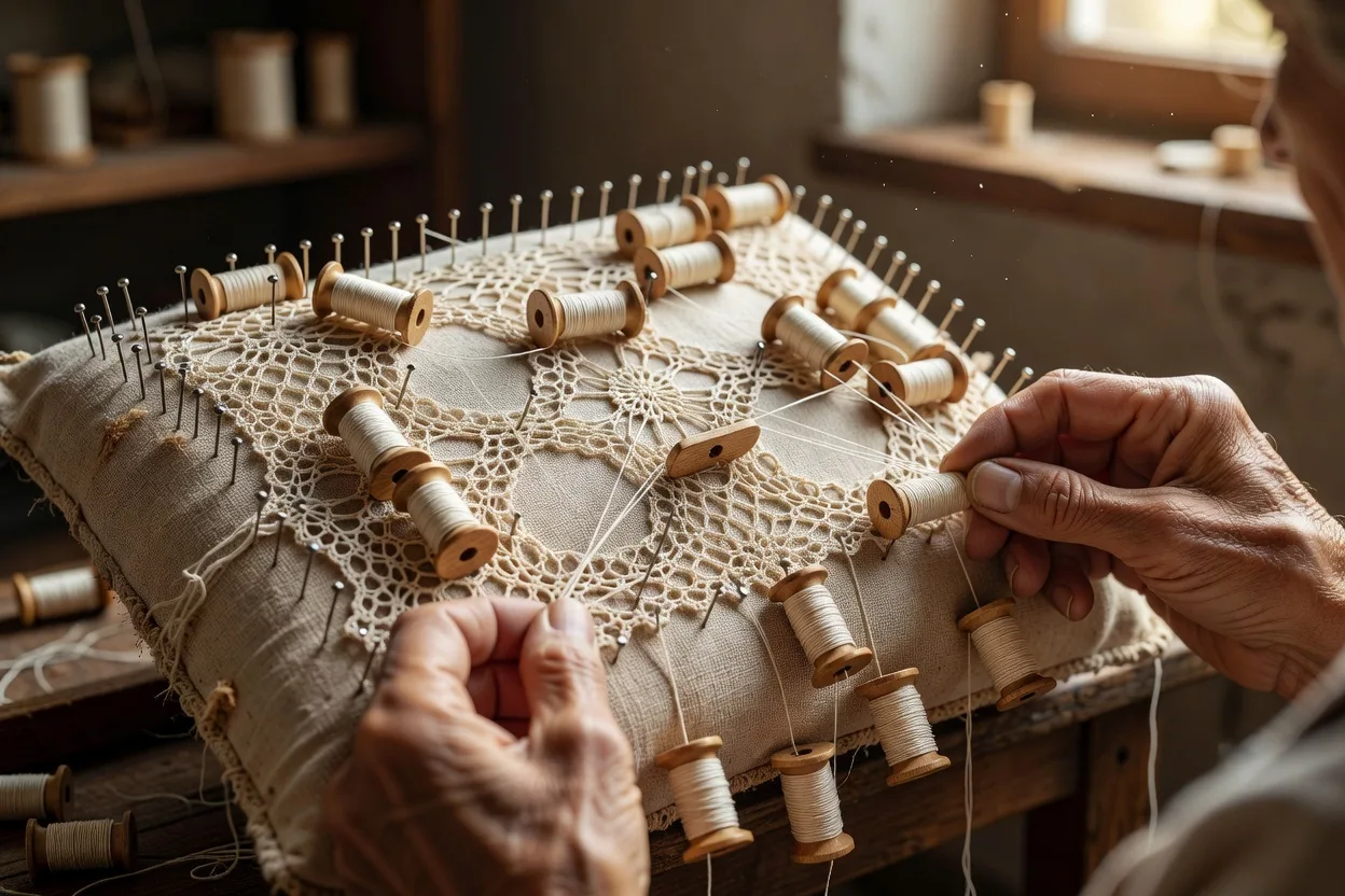 Mains de dentellière travaillant la dentelle aux fuseaux sur un coussin traditionnel