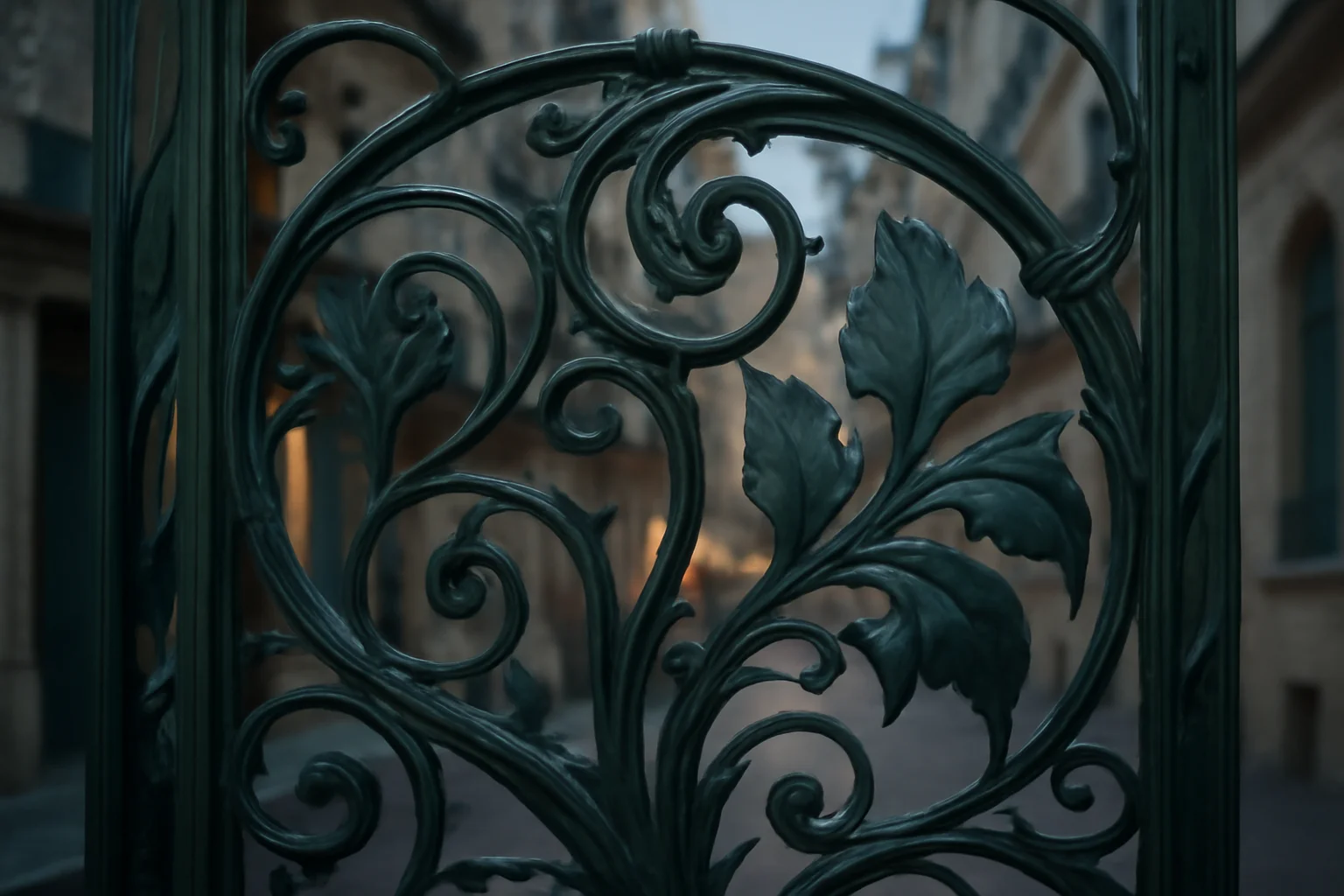 Grille de porte en fer forgé Art Nouveau aux courbes végétales, patine vert foncé, dans une rue parisienne au crépuscule