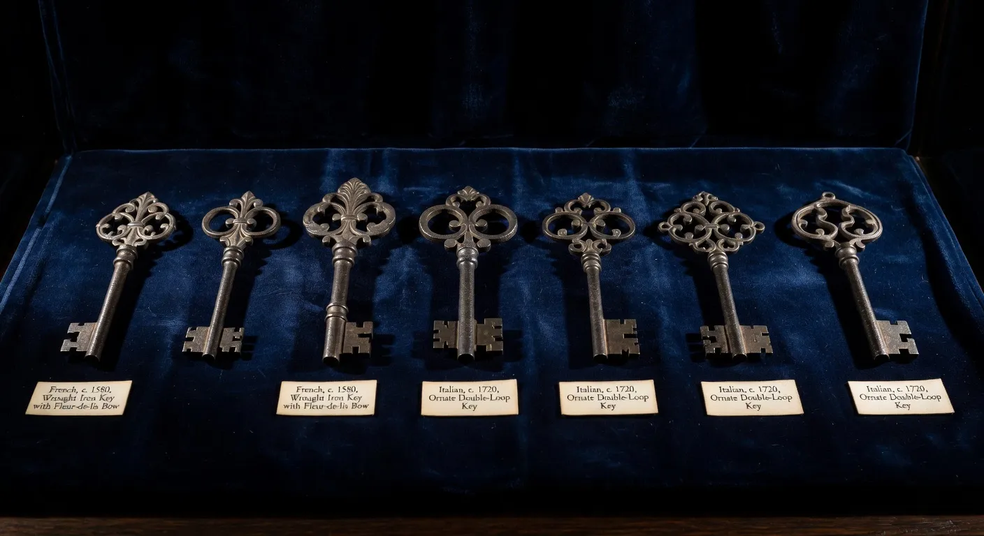 Collection de clés anciennes et ferronnerie d'art sur velours