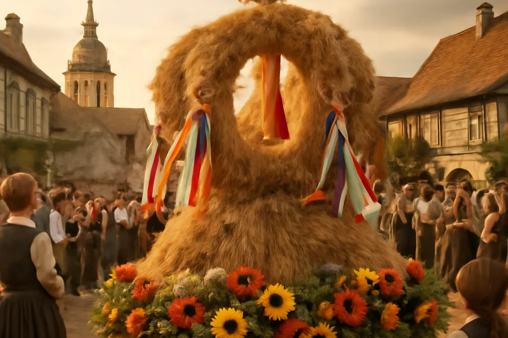 Grande couronne de blé tressée décorée de rubans lors d'une fête des moissons européenne