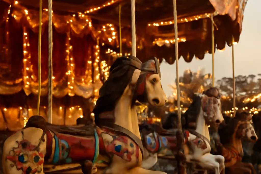 Manège de chevaux de bois ancien richement sculpté et peint dans une fête foraine traditionnelle