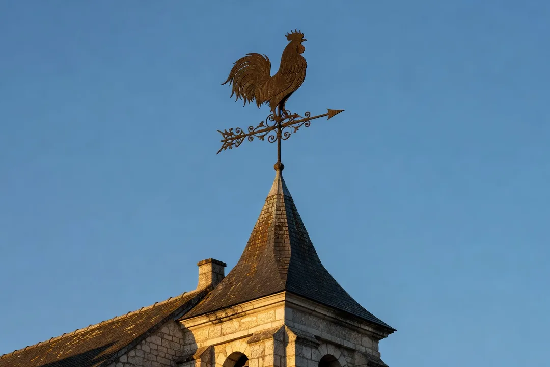 Girouette coq en fer forgé au sommet d'un clocher français au soleil couchant