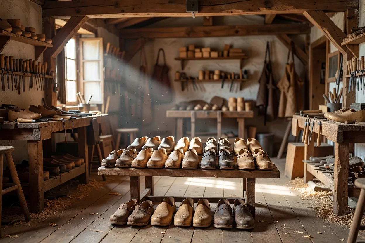 Atelier traditionnel français avec sabots et galoches en bois, outils de sabotier et lumière naturelle