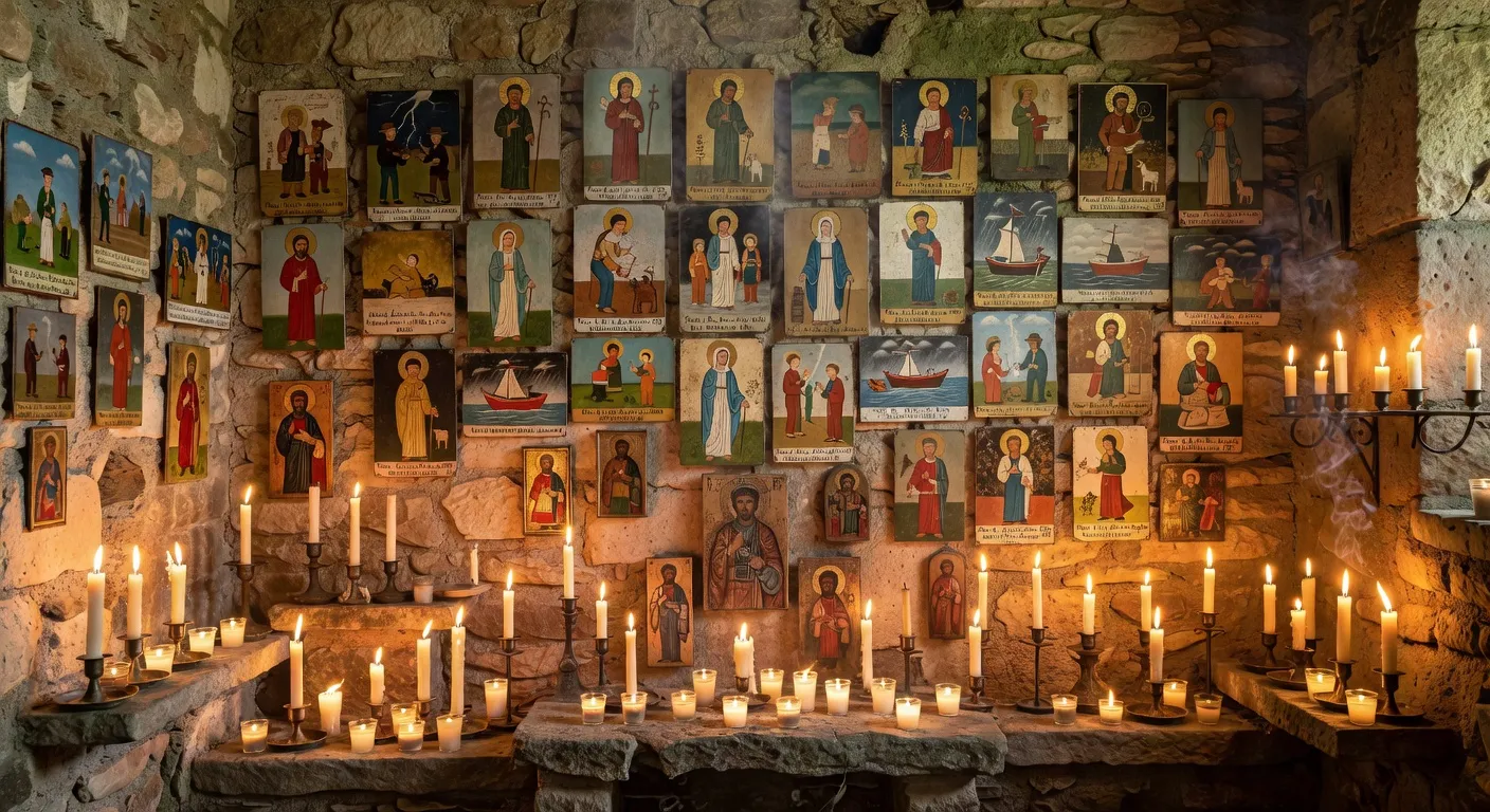 Collection d'ex-voto et icônes populaires dans une chapelle