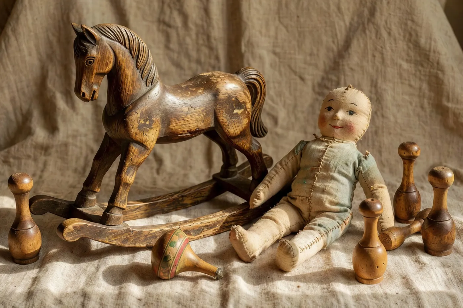 Collection de jouets anciens en bois sculptés