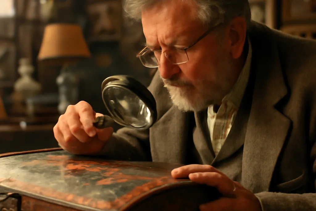 Antiquaire examinant un coffre en bois peint ancien à la loupe dans sa boutique