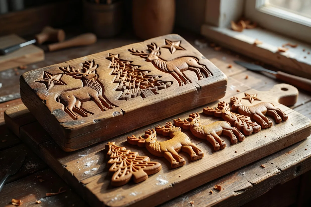 Ancien moule à pain d'épices en bois sculpté posé sur une planche d'atelier, à côté de pains d'épices fraîchement démoulés
