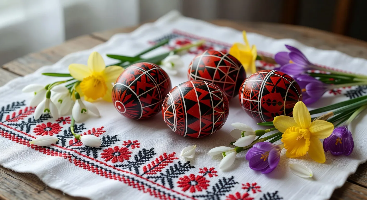 Oeufs de Paques decores pysanky sur nappe brodee
