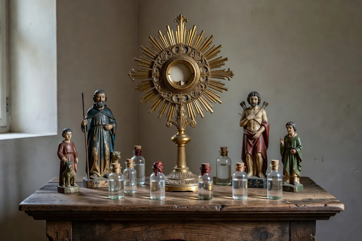 Reliquaire monstrance, fioles de dévotion et statuettes de saints guérisseurs sur un autel rustique en France