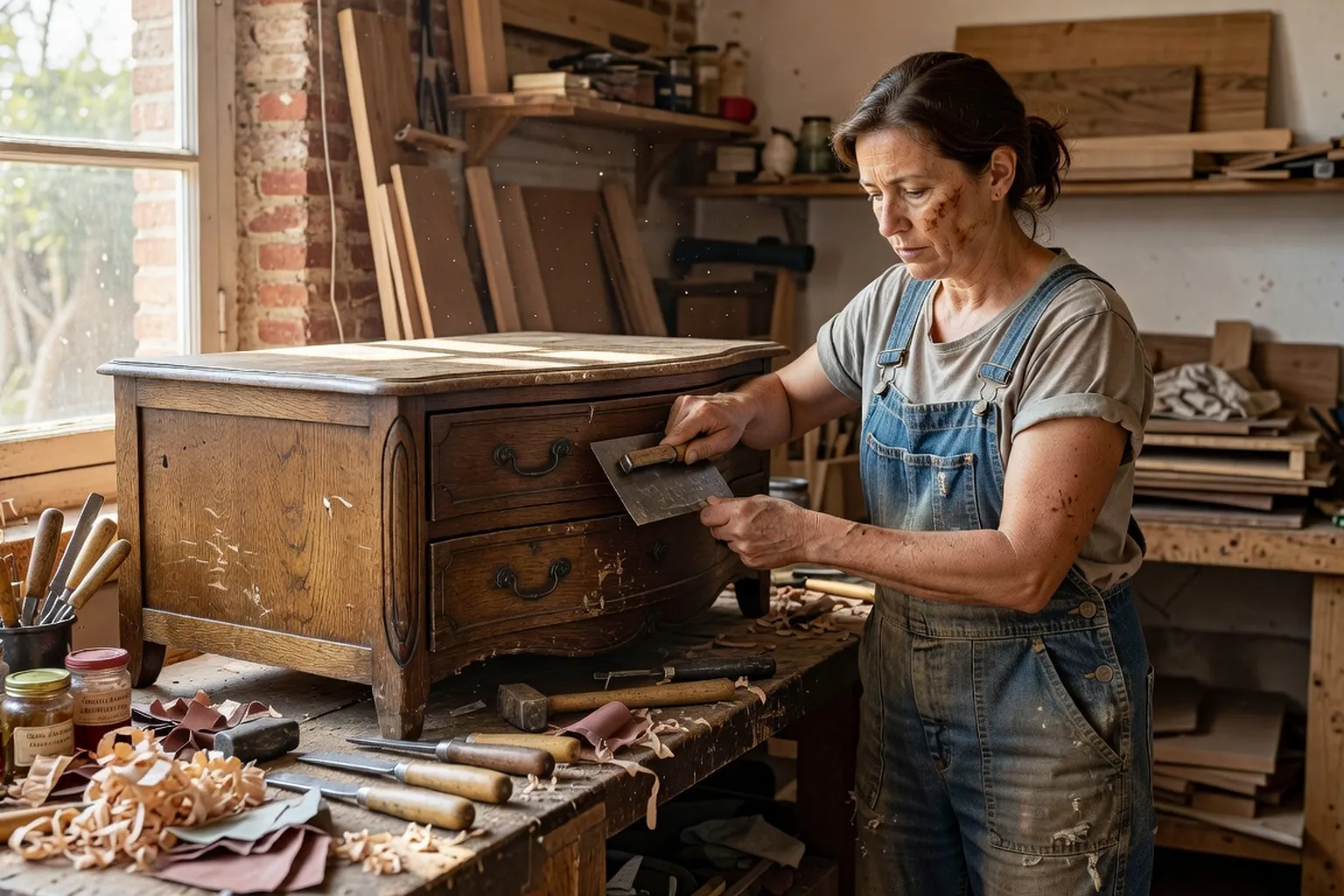 Restauratrice travaillant sur un meuble peint breton