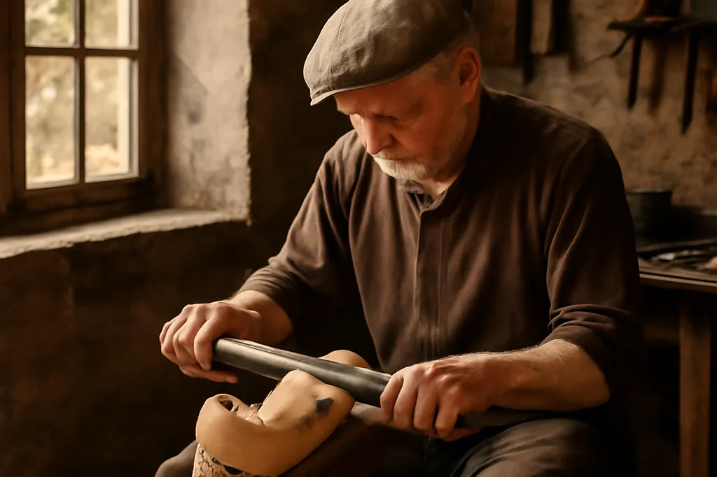 Sabotier travaillant une pièce de bois de hêtre dans un atelier traditionnel des Vosges du Nord