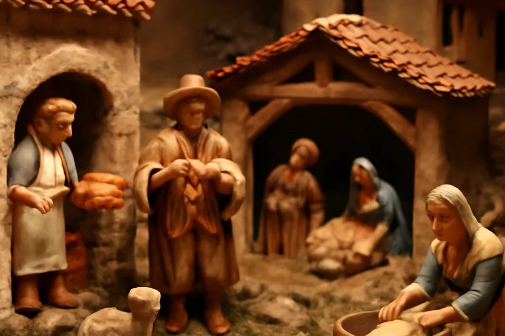 Crèche provençale traditionnelle avec santons peints à la main représentant les métiers du village