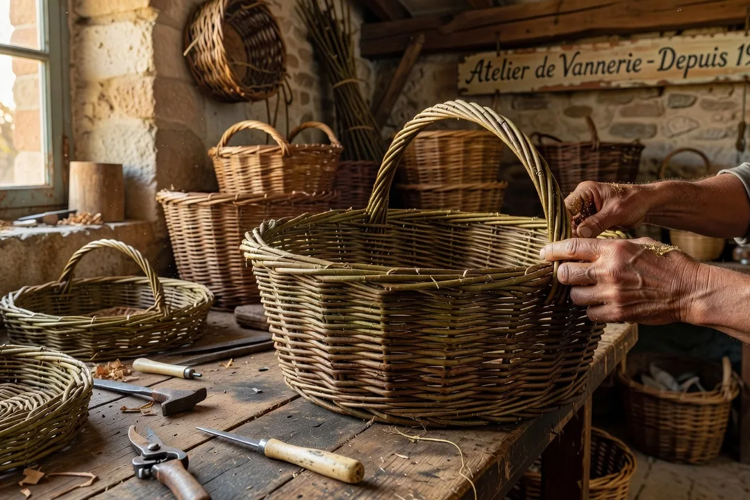 Artisan vannier tressant un panier en osier dans son atelier traditionnel