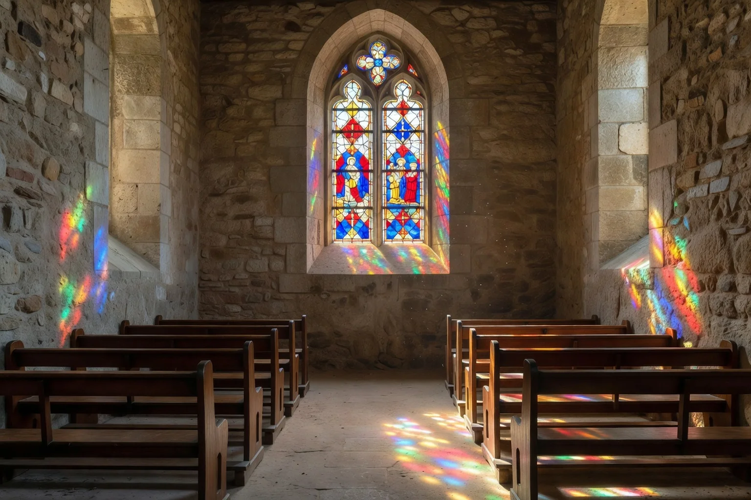 Intérieur d'une petite église de village française baigné de lumière colorée à travers un vitrail ancien simple